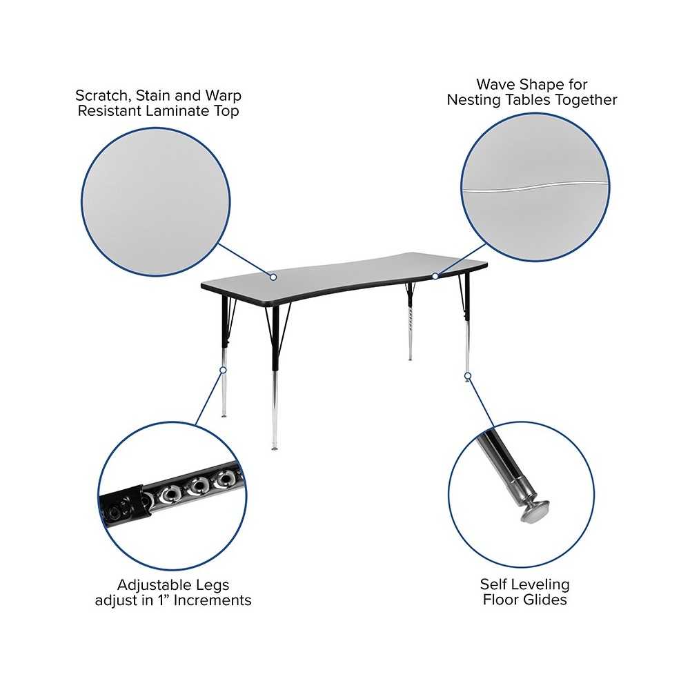 26"W x 60"L Rectangular Wave Collaborative Gray Thermal Laminate Activity Table - Standard Height Adjustable Legs