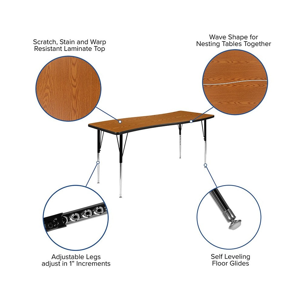 26"W x 60"L Rectangular Wave Collaborative Oak Thermal Laminate Activity Table - Standard Height Adjustable Legs