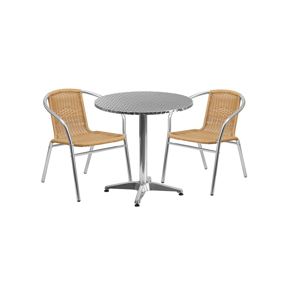 27.5'' Round Aluminum Indoor-Outdoor Table Set with 2 Beige Rattan Chairs