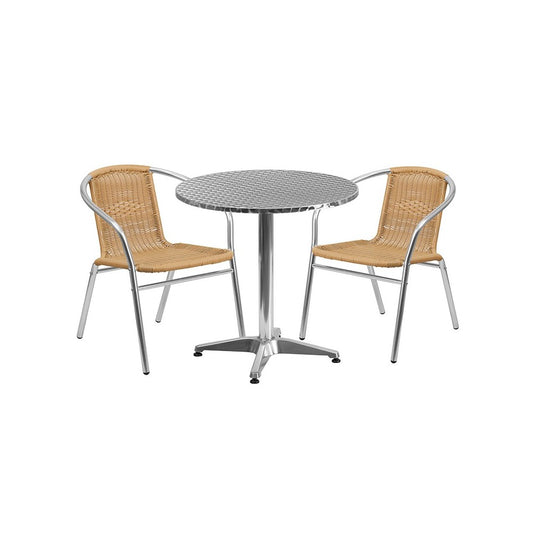 27.5'' Round Aluminum Indoor-Outdoor Table Set with 2 Beige Rattan Chairs