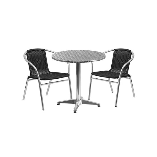 27.5'' Round Aluminum Indoor-Outdoor Table Set with 2 Black Rattan Chairs