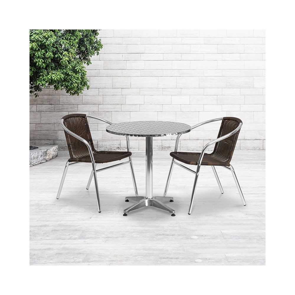 27.5'' Round Aluminum Indoor-Outdoor Table Set with 2 Dark Brown Rattan Chairs