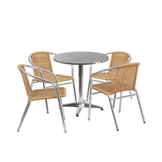 27.5'' Round Aluminum Indoor-Outdoor Table Set with 4 Beige Rattan Chairs
