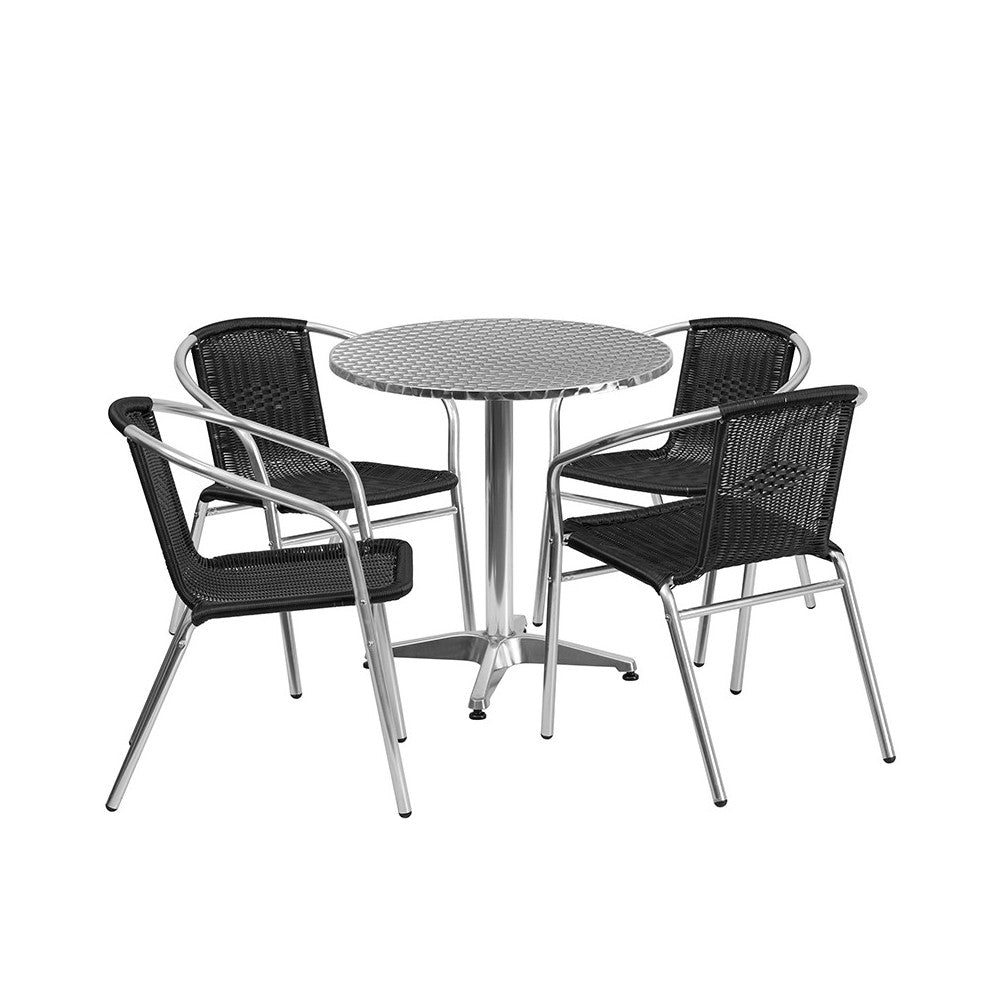 27.5'' Round Aluminum Indoor-Outdoor Table Set with 4 Black Rattan Chairs