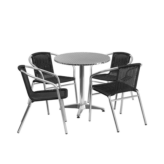27.5'' Round Aluminum Indoor-Outdoor Table Set with 4 Black Rattan Chairs