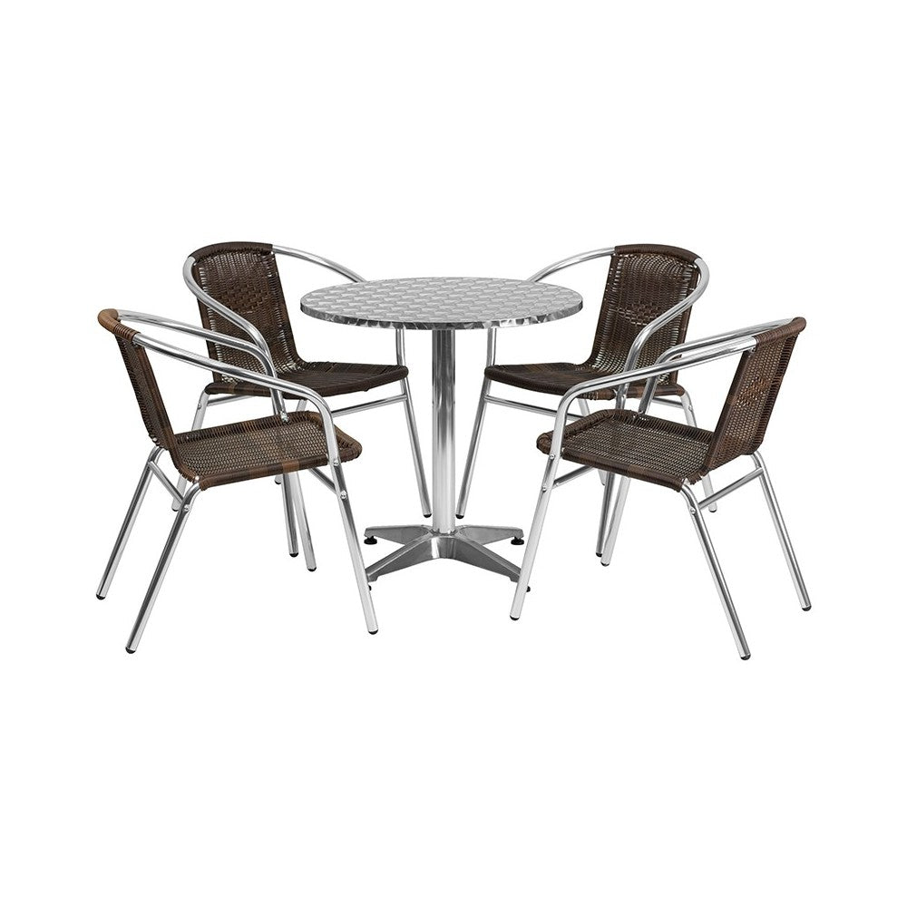 27.5'' Round Aluminum Indoor-Outdoor Table Set with 4 Dark Brown Rattan Chairs