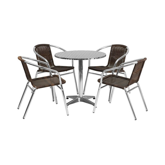 27.5'' Round Aluminum Indoor-Outdoor Table Set with 4 Dark Brown Rattan Chairs