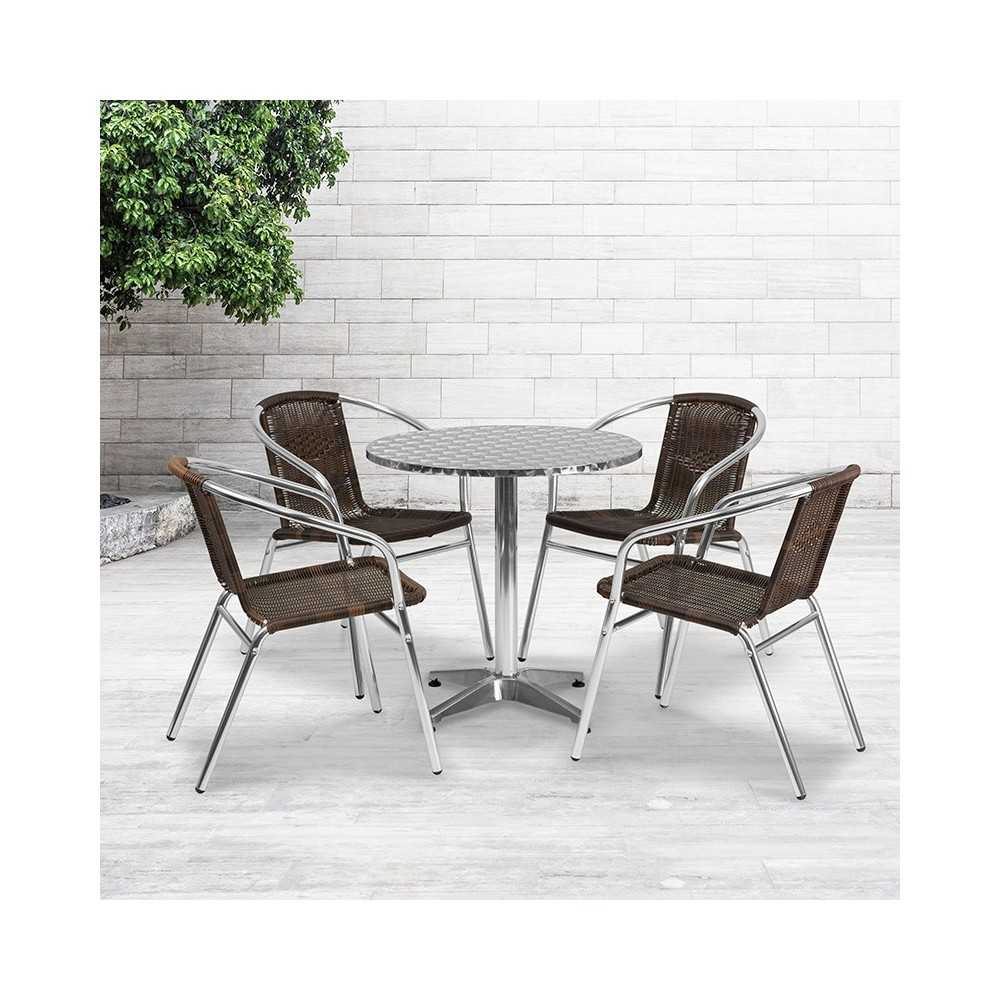 27.5'' Round Aluminum Indoor-Outdoor Table Set with 4 Dark Brown Rattan Chairs