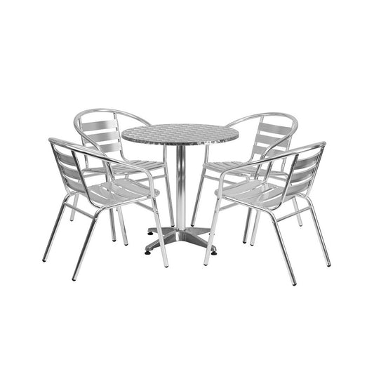 27.5'' Round Aluminum Indoor-Outdoor Table Set with 4 Slat Back Chairs