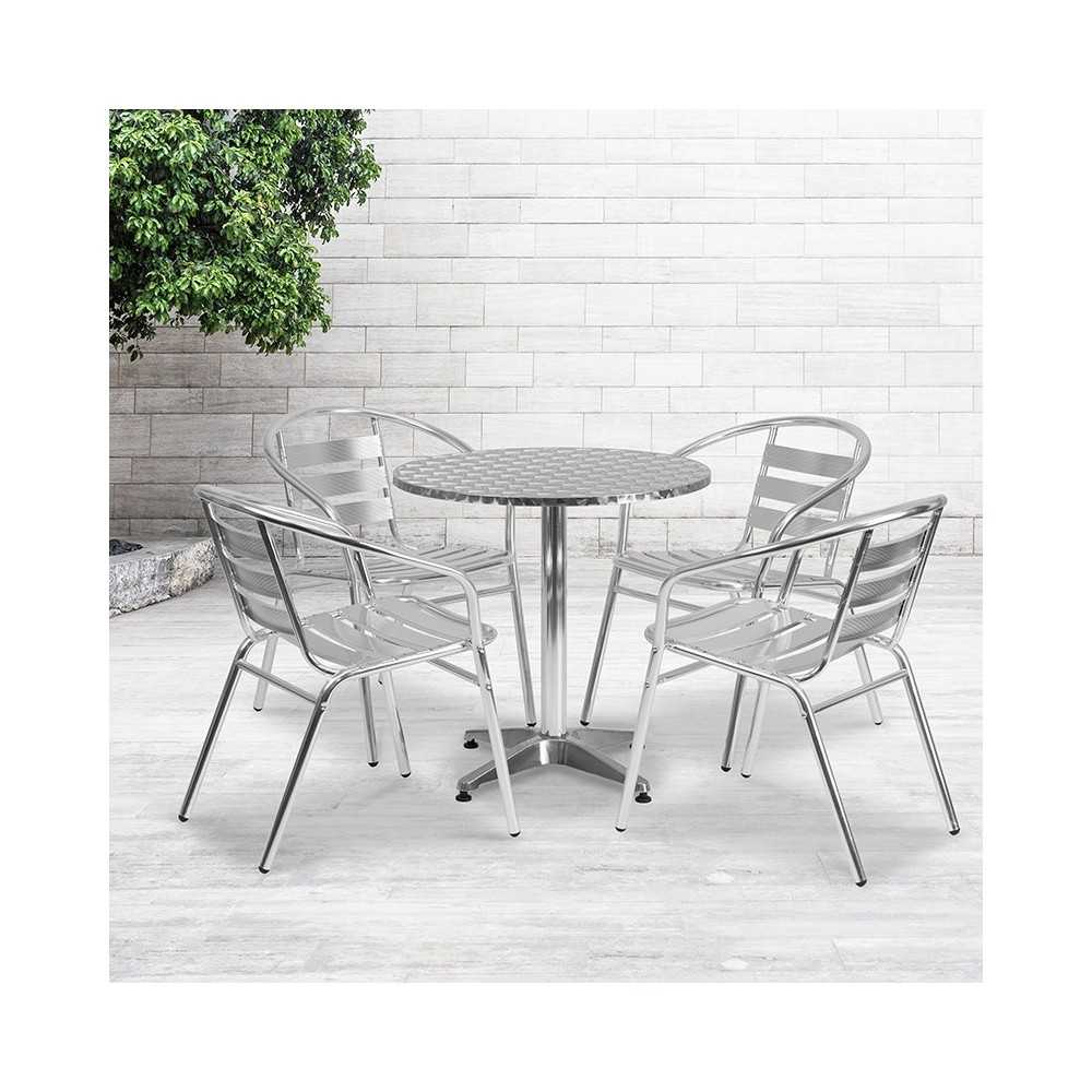 27.5'' Round Aluminum Indoor-Outdoor Table Set with 4 Slat Back Chairs
