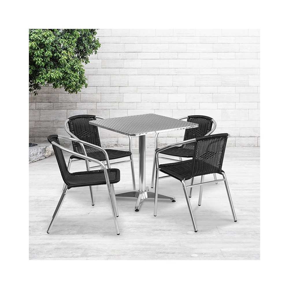 27.5'' Square Aluminum Indoor-Outdoor Table Set with 4 Black Rattan Chairs