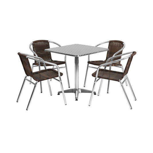 27.5'' Square Aluminum Indoor-Outdoor Table Set with 4 Dark Brown Rattan Chairs