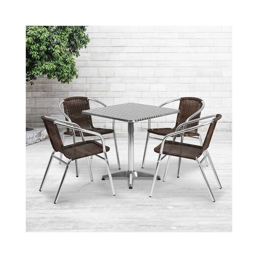 27.5'' Square Aluminum Indoor-Outdoor Table Set with 4 Dark Brown Rattan Chairs