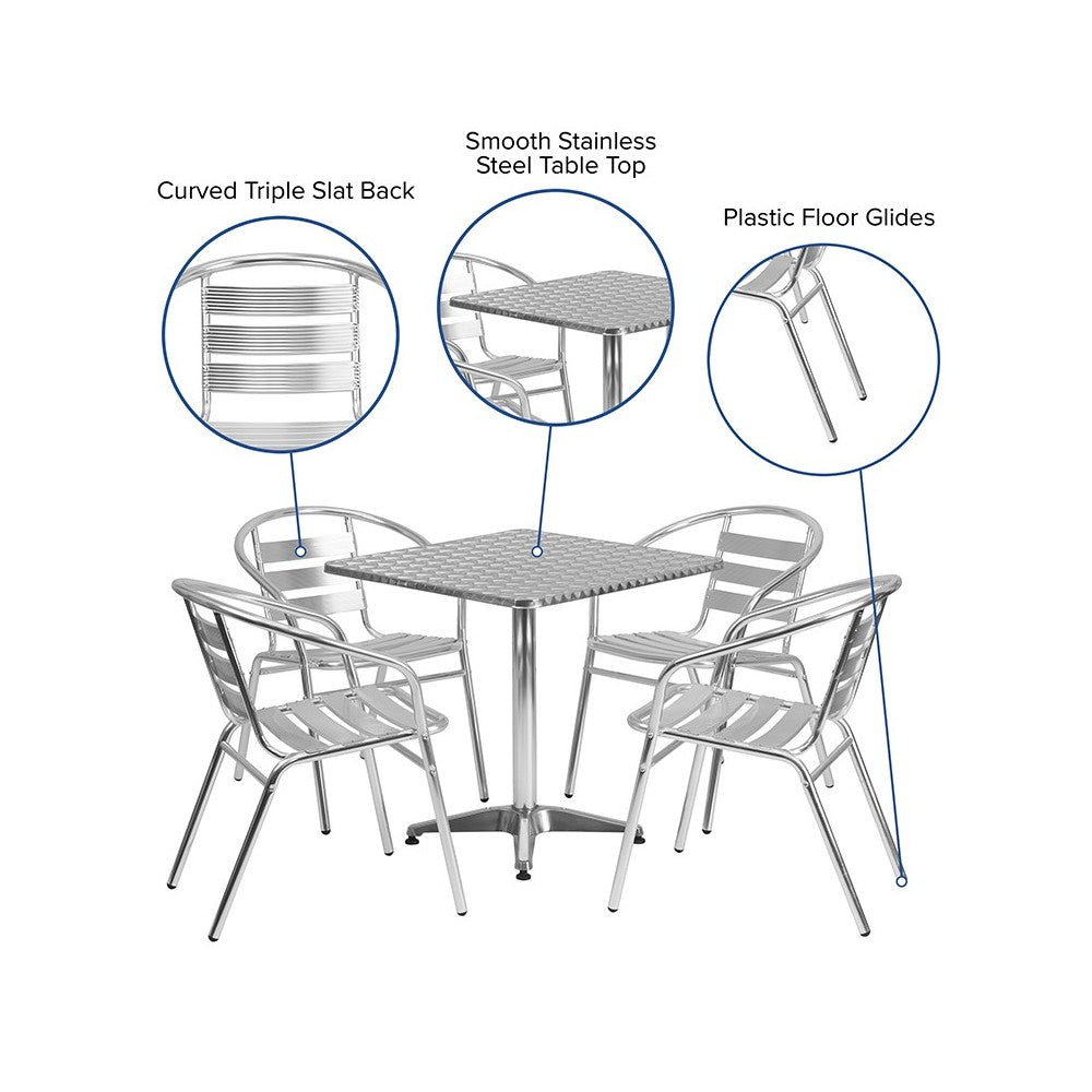 27.5'' Square Aluminum Indoor-Outdoor Table Set with 4 Slat Back Chairs