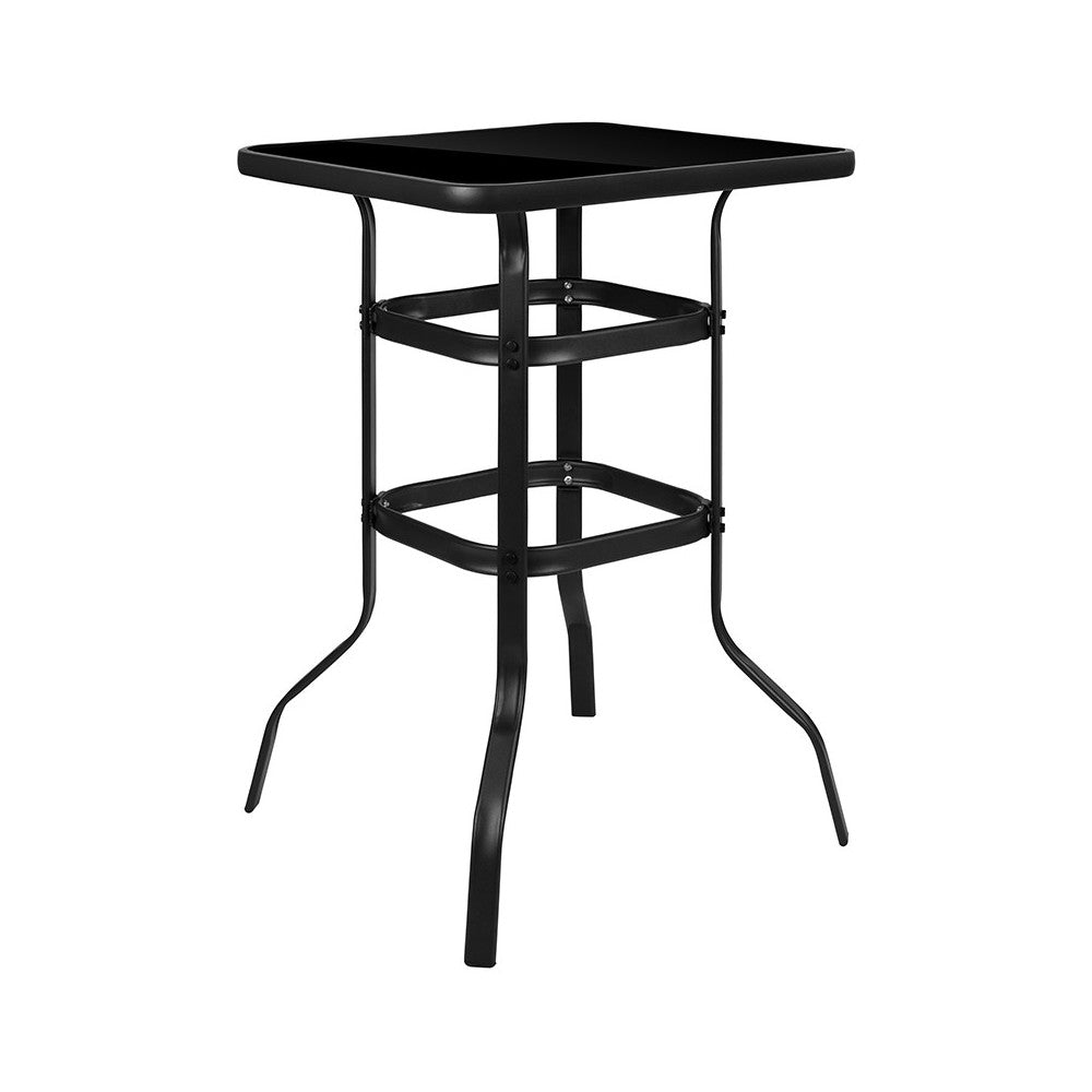 27.5" Square Black Tempered Glass Bar Height Metal Patio Bar Table