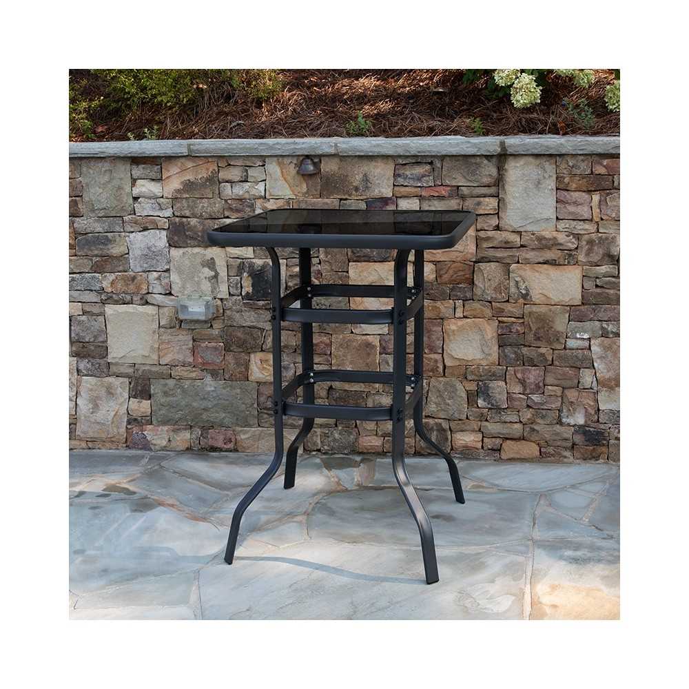 27.5" Square Black Tempered Glass Bar Height Metal Patio Bar Table