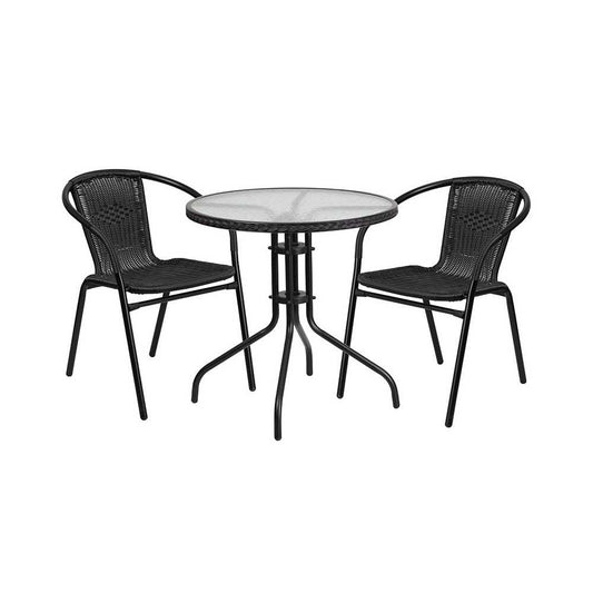 28'' Round Glass Metal Table with Black Rattan Edging and 2 Black Rattan Stack Chairs