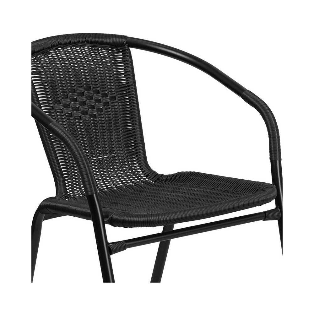 28'' Round Glass Metal Table with Black Rattan Edging and 2 Black Rattan Stack Chairs