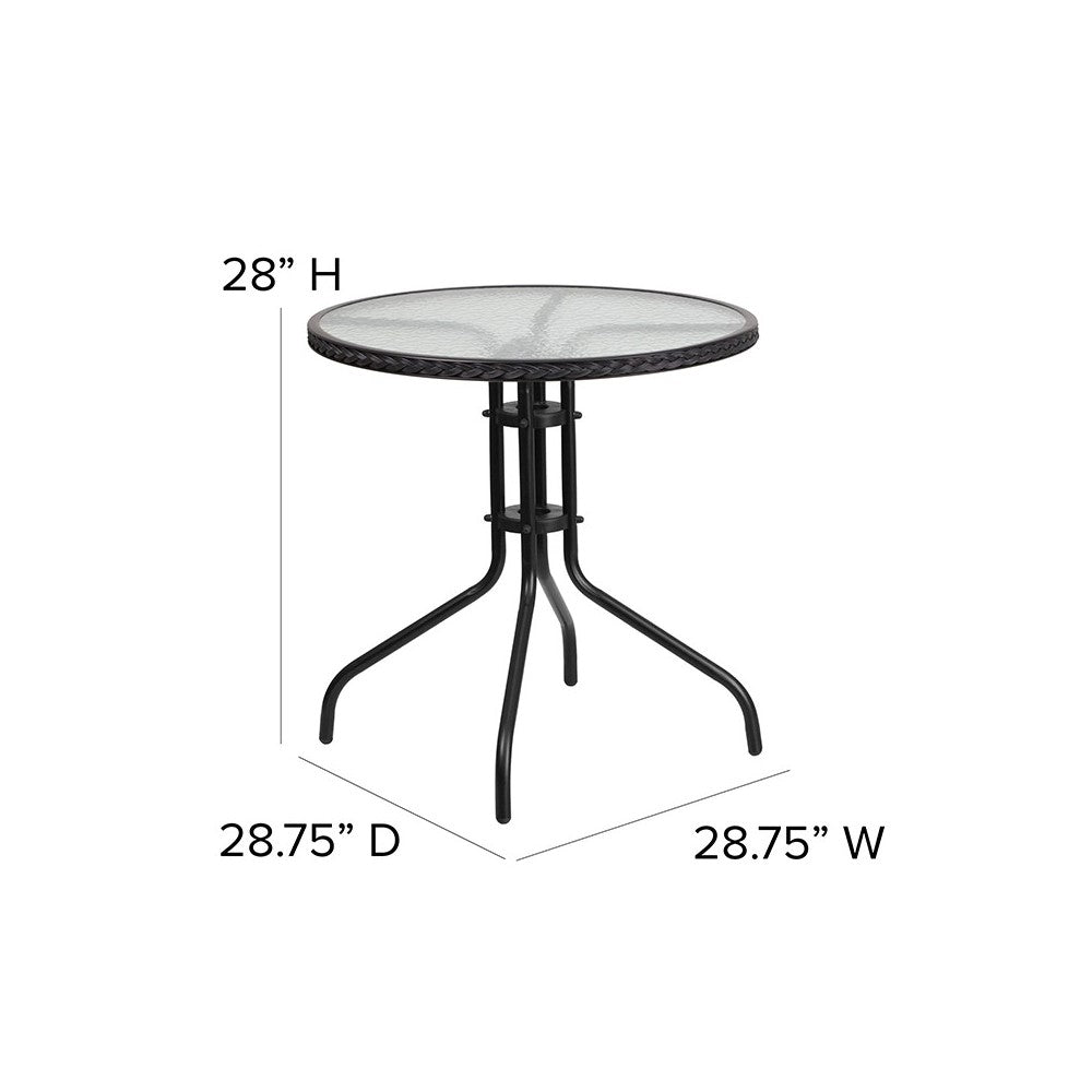 28'' Round Glass Metal Table with Black Rattan Edging and 2 Black Rattan Stack Chairs