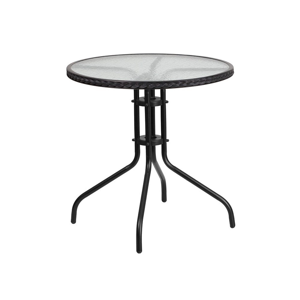 28'' Round Glass Metal Table with Black Rattan Edging and 2 Black Rattan Stack Chairs