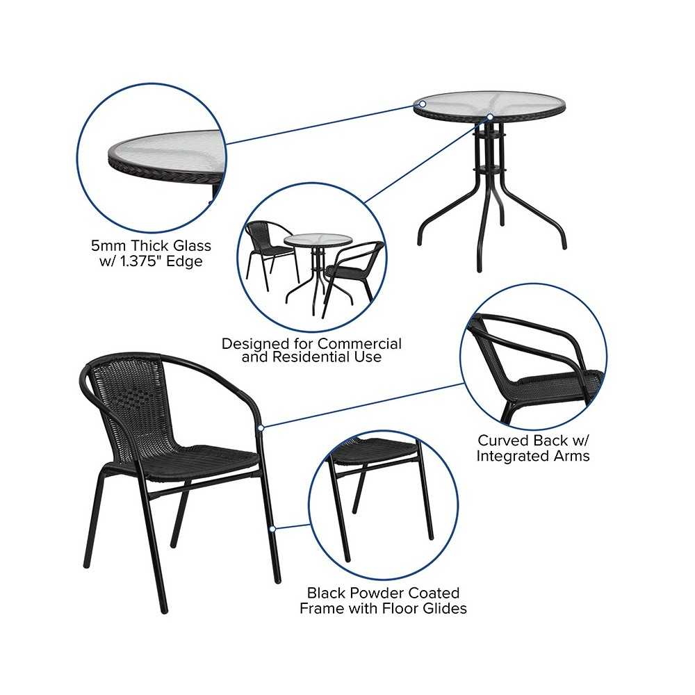 28'' Round Glass Metal Table with Black Rattan Edging and 2 Black Rattan Stack Chairs