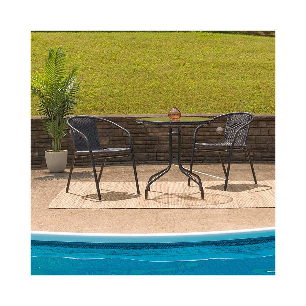 28'' Round Glass Metal Table with Black Rattan Edging and 2 Black Rattan Stack Chairs