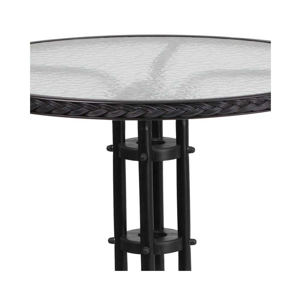 28'' Round Glass Metal Table with Black Rattan Edging and 2 Black Rattan Stack Chairs
