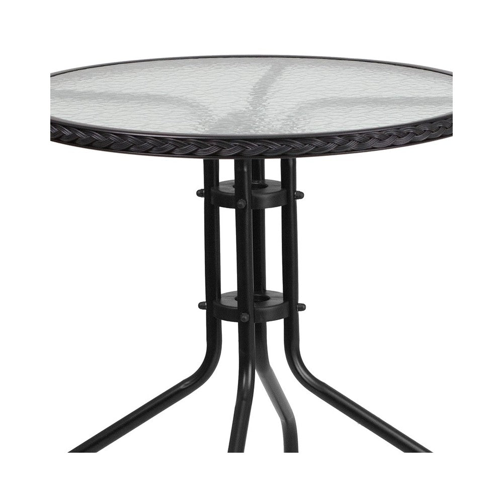 28'' Round Glass Metal Table with Black Rattan Edging and 4 Black Rattan Stack Chairs