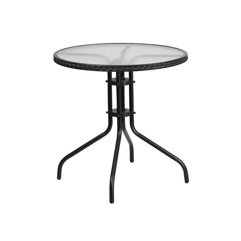 28'' Round Glass Metal Table with Black Rattan Edging and 4 Black Rattan Stack Chairs