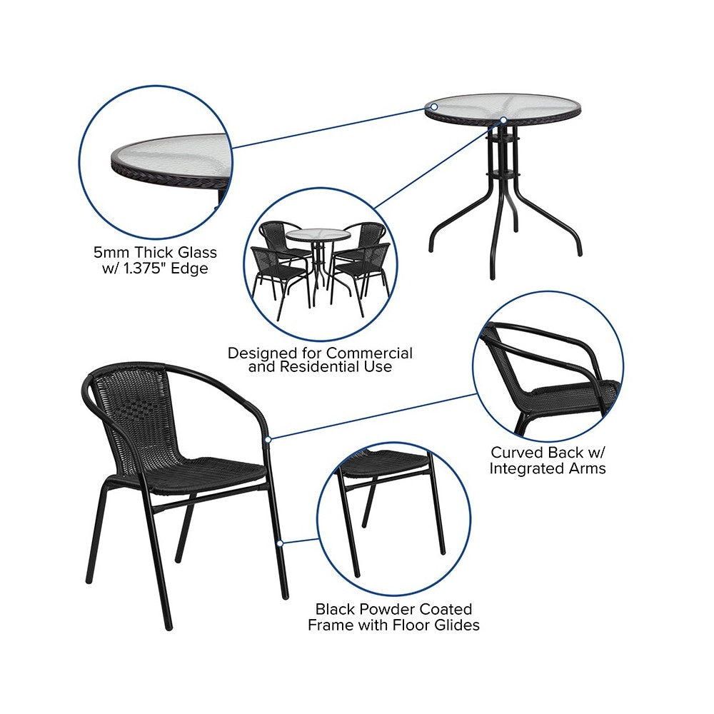 28'' Round Glass Metal Table with Black Rattan Edging and 4 Black Rattan Stack Chairs