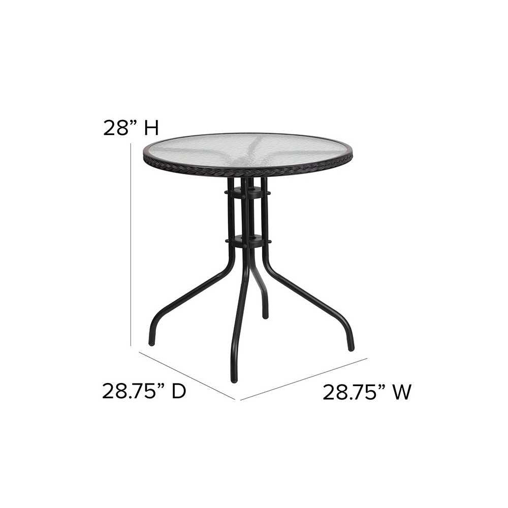28'' Round Glass Metal Table with Black Rattan Edging and 4 Black Rattan Stack Chairs