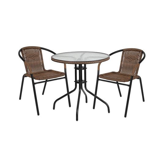 28'' Round Glass Metal Table with Dark Brown Rattan Edging and 2 Dark Brown Rattan Stack Chairs