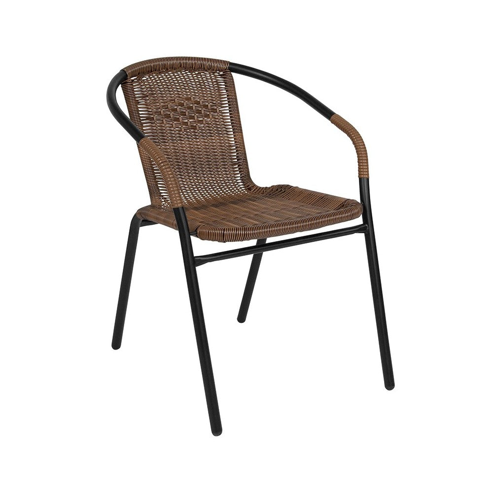 28'' Round Glass Metal Table with Dark Brown Rattan Edging and 2 Dark Brown Rattan Stack Chairs