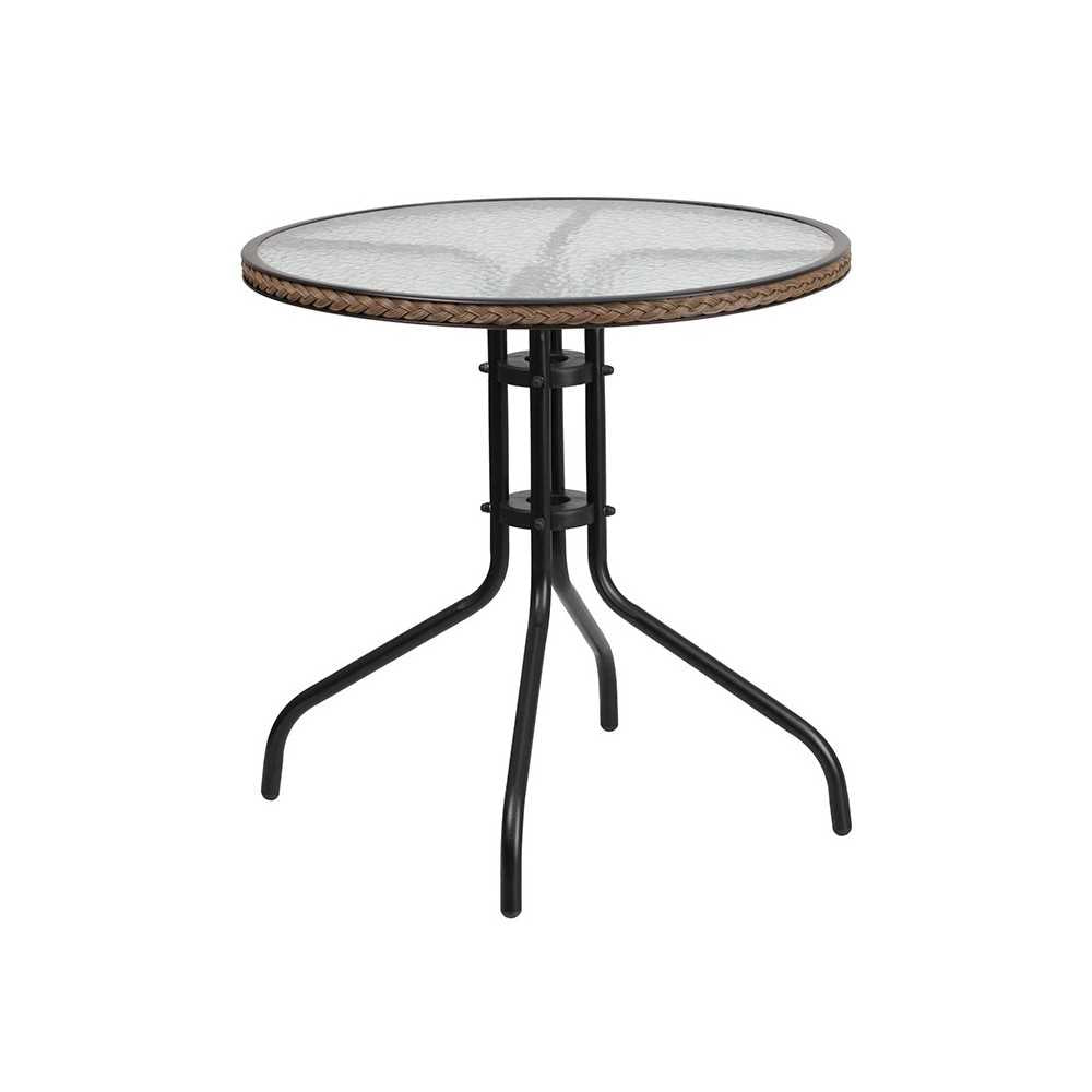 28'' Round Glass Metal Table with Dark Brown Rattan Edging and 2 Dark Brown Rattan Stack Chairs