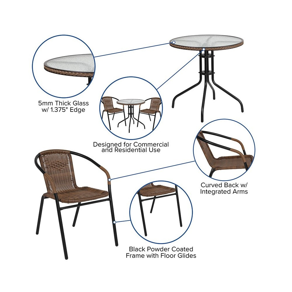 28'' Round Glass Metal Table with Dark Brown Rattan Edging and 2 Dark Brown Rattan Stack Chairs