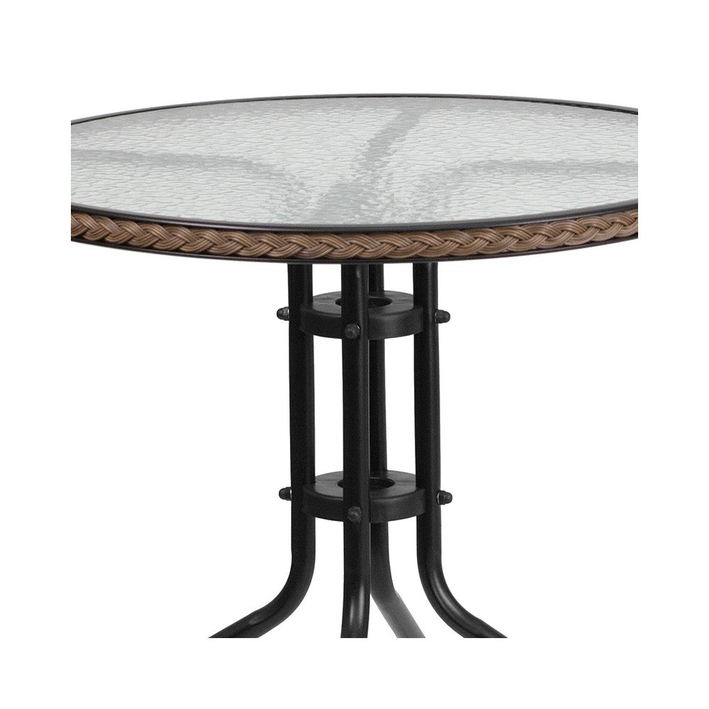 28'' Round Glass Metal Table with Dark Brown Rattan Edging and 2 Dark Brown Rattan Stack Chairs