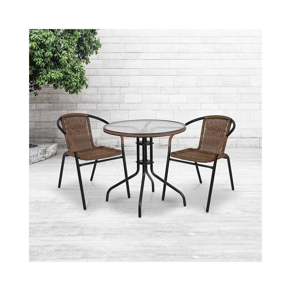 28'' Round Glass Metal Table with Dark Brown Rattan Edging and 2 Dark Brown Rattan Stack Chairs