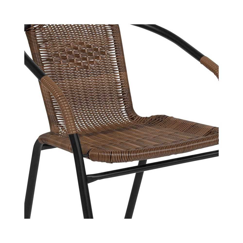 28'' Round Glass Metal Table with Dark Brown Rattan Edging and 2 Dark Brown Rattan Stack Chairs