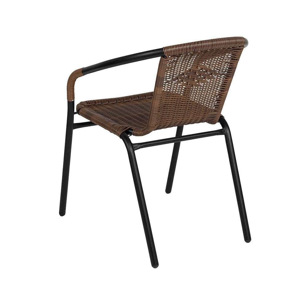 28'' Round Glass Metal Table with Dark Brown Rattan Edging and 2 Dark Brown Rattan Stack Chairs