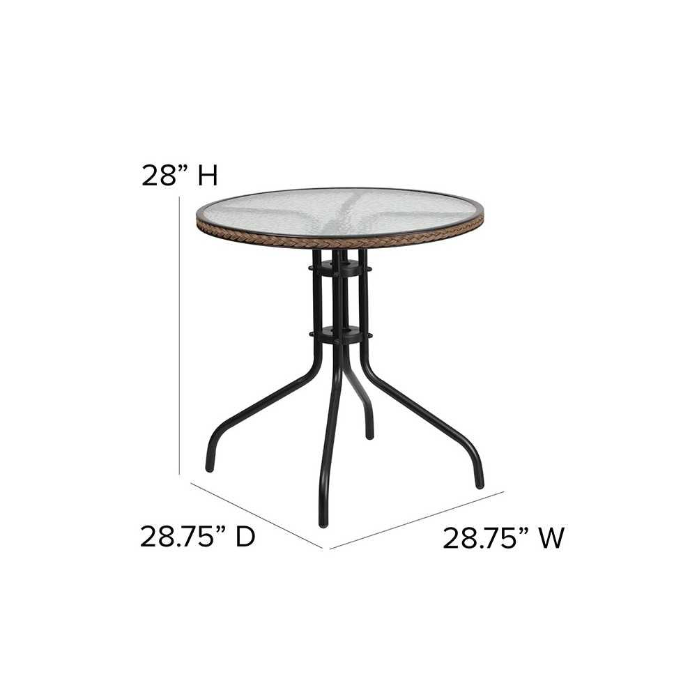 28'' Round Glass Metal Table with Dark Brown Rattan Edging and 2 Dark Brown Rattan Stack Chairs