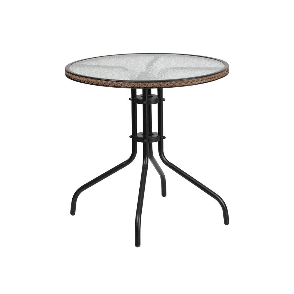 28'' Round Glass Metal Table with Dark Brown Rattan Edging and 4 Dark Brown Rattan Stack Chairs