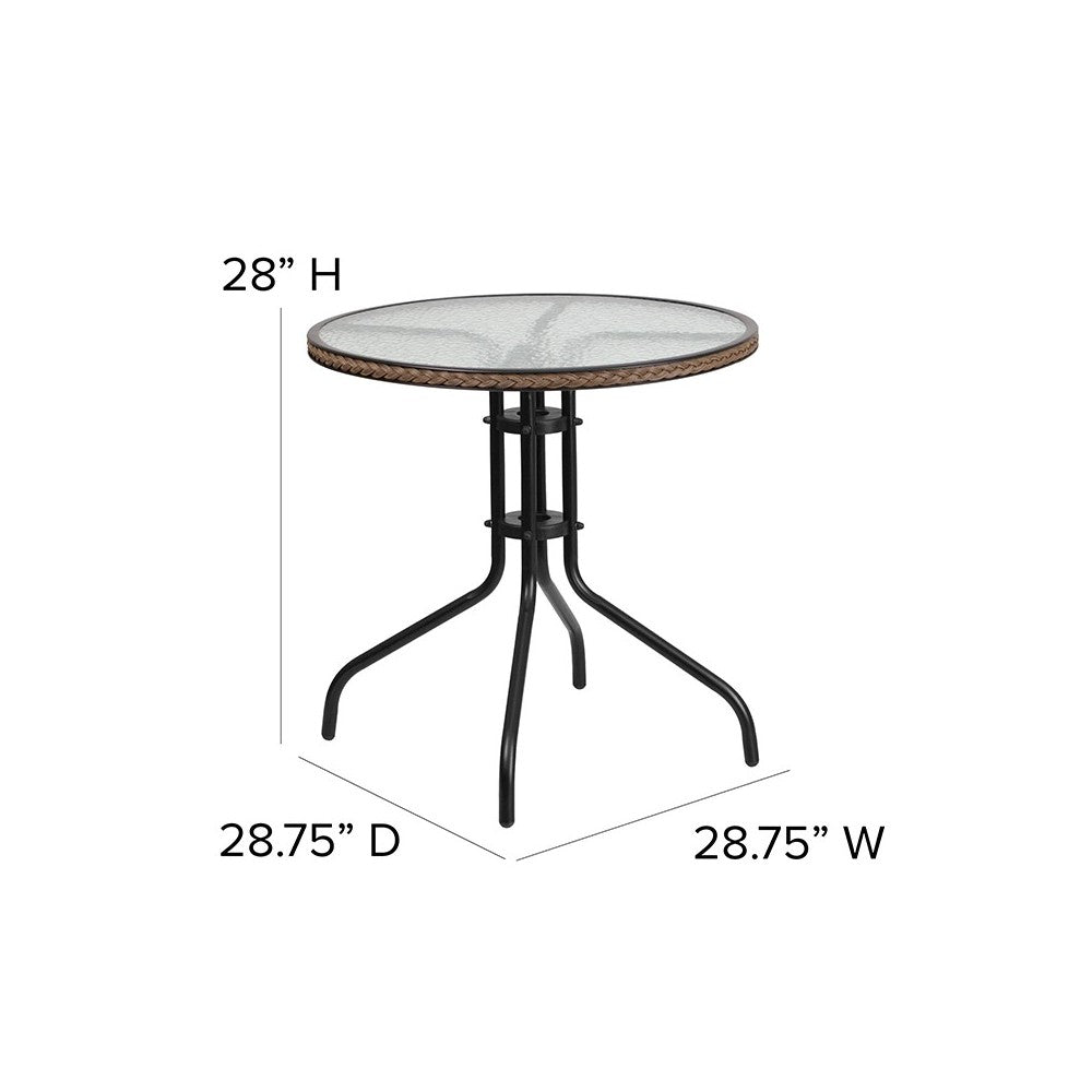 28'' Round Glass Metal Table with Dark Brown Rattan Edging and 4 Dark Brown Rattan Stack Chairs