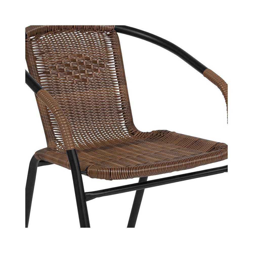 28'' Round Glass Metal Table with Dark Brown Rattan Edging and 4 Dark Brown Rattan Stack Chairs