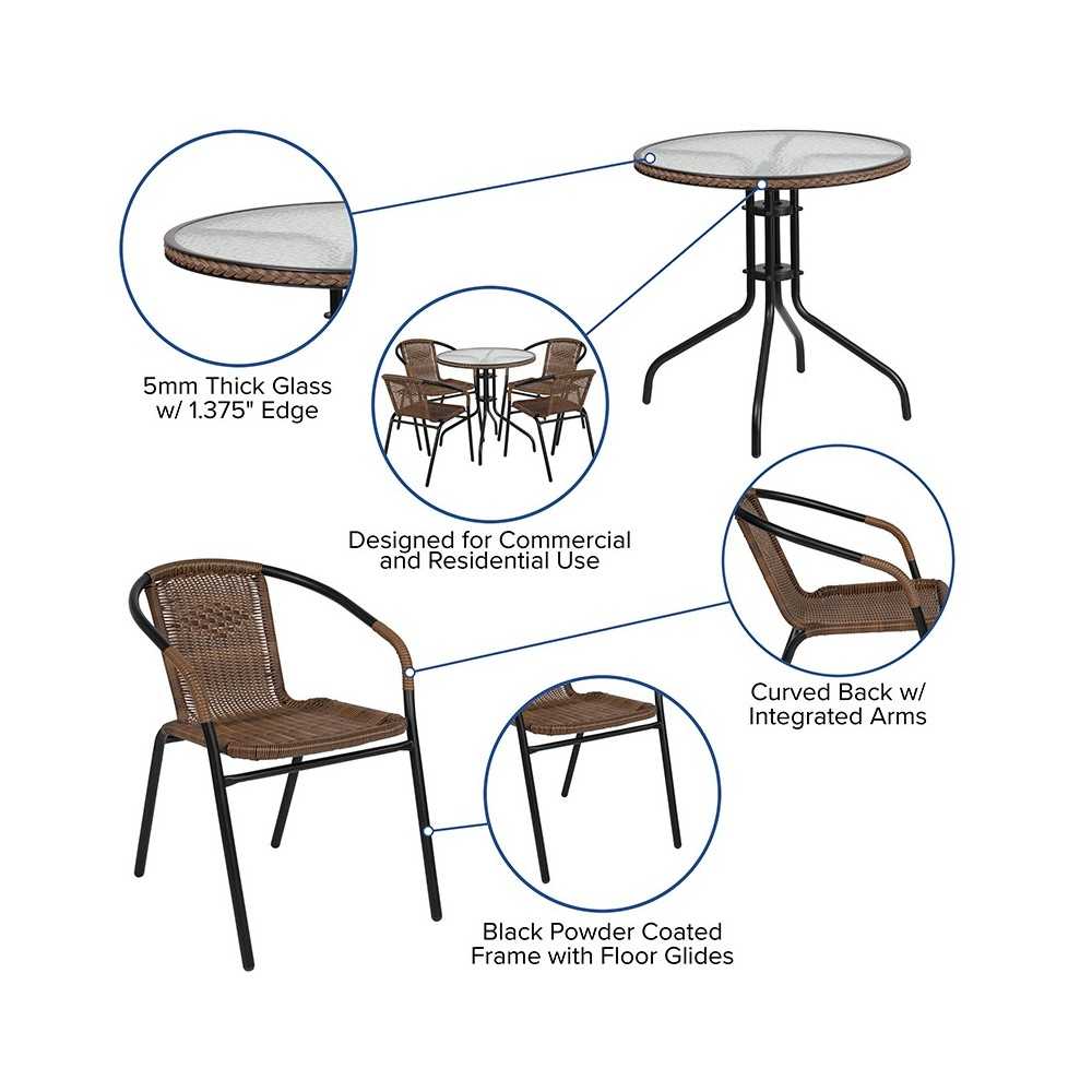 28'' Round Glass Metal Table with Dark Brown Rattan Edging and 4 Dark Brown Rattan Stack Chairs