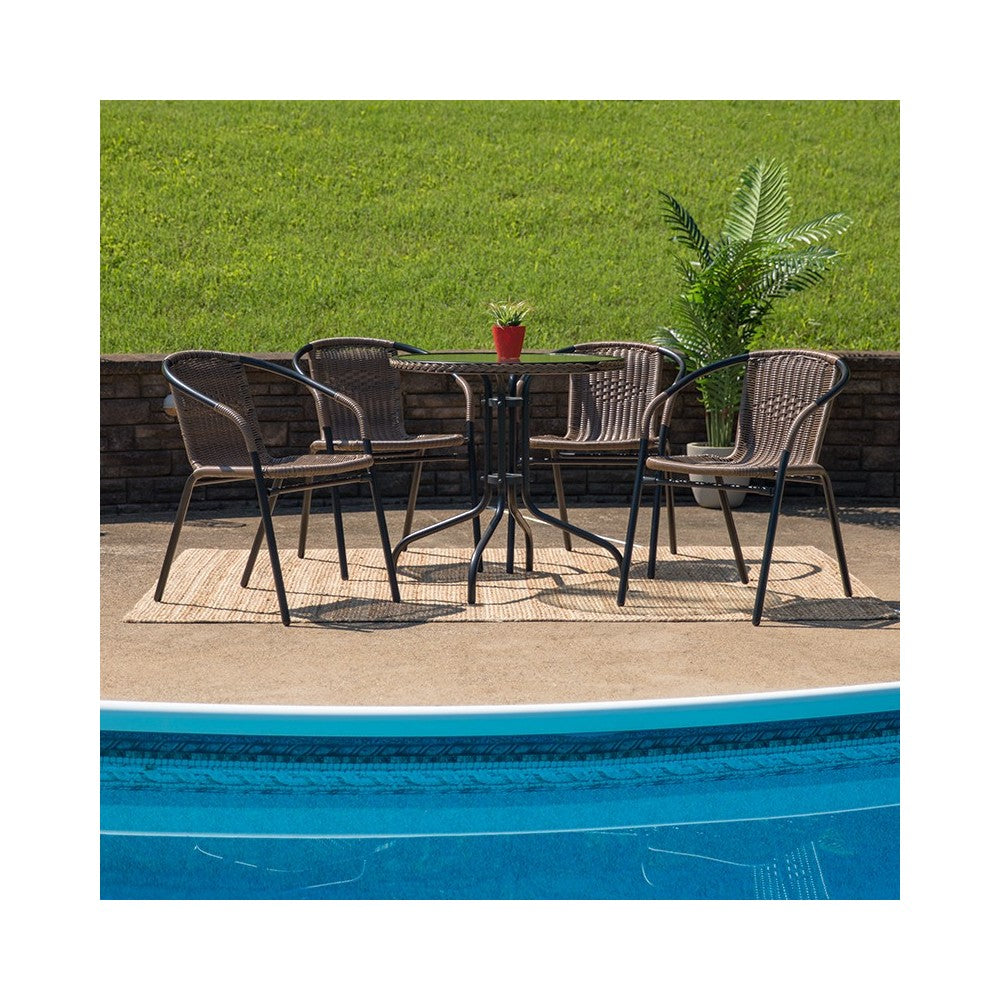 28'' Round Glass Metal Table with Dark Brown Rattan Edging and 4 Dark Brown Rattan Stack Chairs