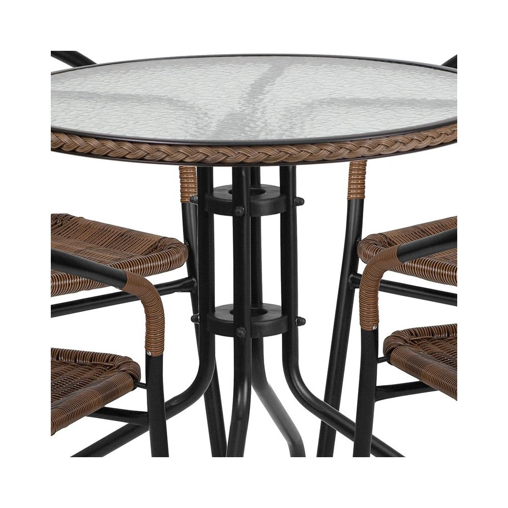 28'' Round Glass Metal Table with Dark Brown Rattan Edging and 4 Dark Brown Rattan Stack Chairs