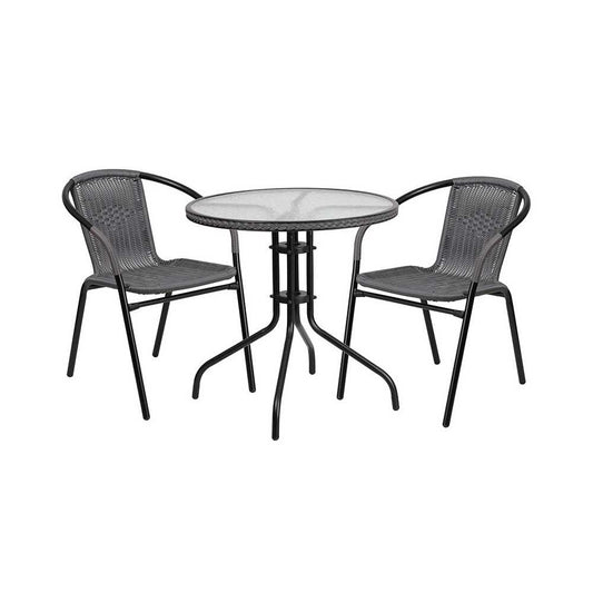 28'' Round Glass Metal Table with Gray Rattan Edging and 2 Gray Rattan Stack Chairs