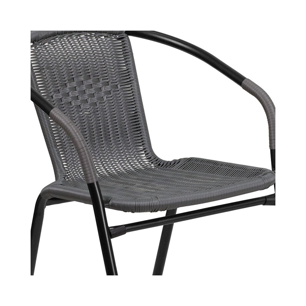 28'' Round Glass Metal Table with Gray Rattan Edging and 2 Gray Rattan Stack Chairs