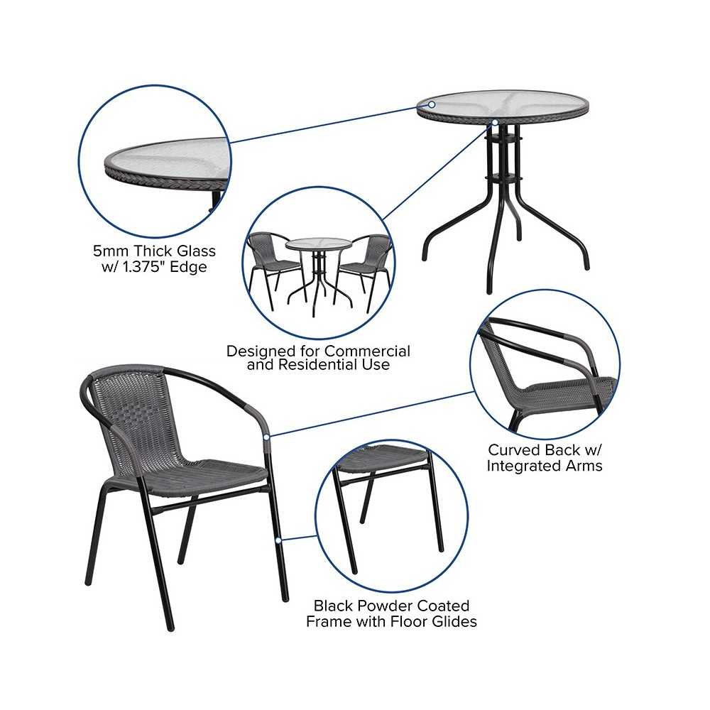 28'' Round Glass Metal Table with Gray Rattan Edging and 2 Gray Rattan Stack Chairs