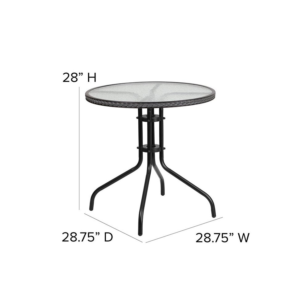 28'' Round Glass Metal Table with Gray Rattan Edging and 2 Gray Rattan Stack Chairs